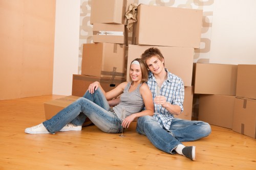 Packed boxes and furniture ready for relocation in Belsize Park