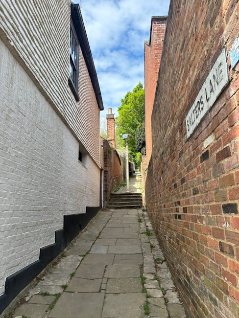 A narrow, paved alleyway between a white brick building on the left and a red brick wall on the right, with a street sign reading 'FOLIERS LANE' attached to the brick wall. In the background, there ar